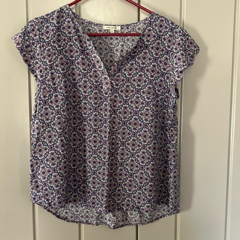 Anne Carson Blue and Purple Blouse with Notched Collar